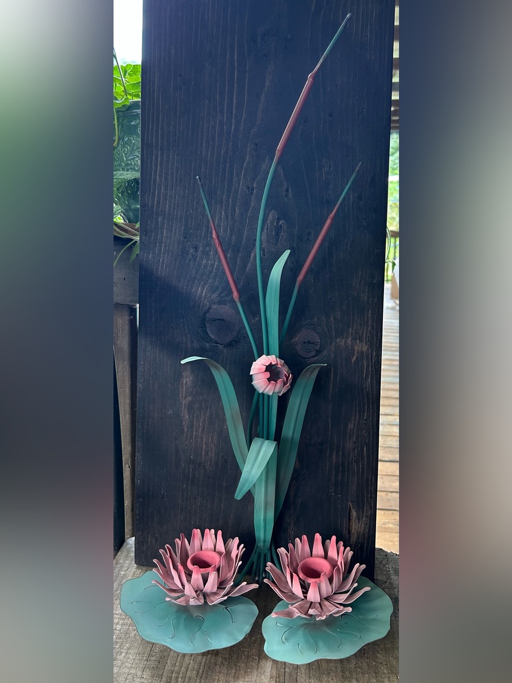 Vintage Tole Metal Lotus Lilly Pad Cattail Candle Holder